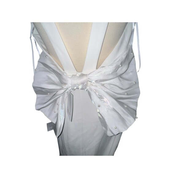 Lulu's NWT Romantic Glow Backless Pearl Bow Wedding Gown Maxi Dress Sz Medium Wh - Picture 9 of 16